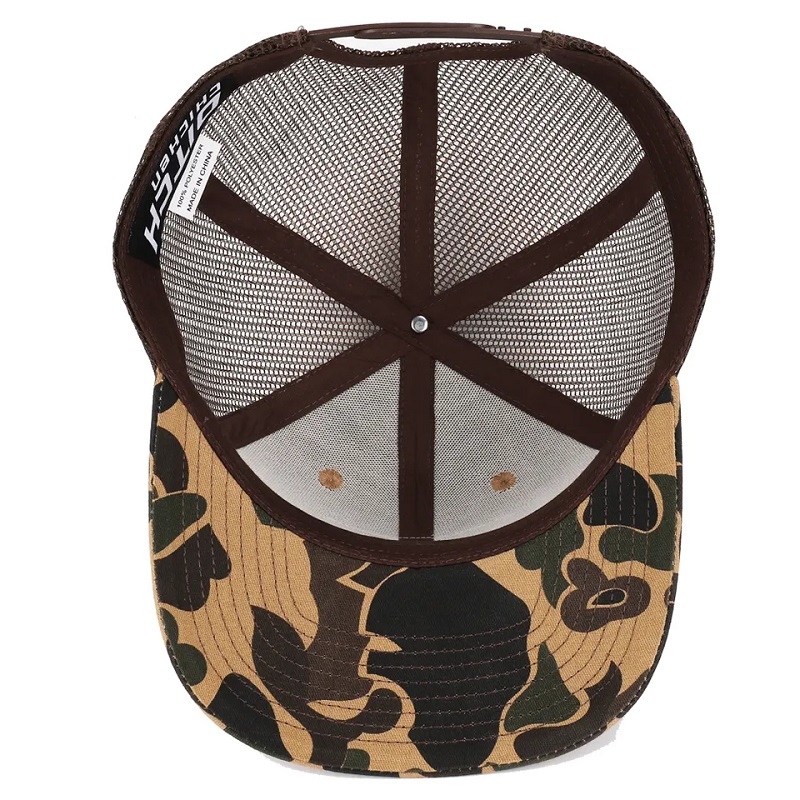 Vlastní kachna hnědá Camo Snapback Mesh Patch Logo 6 Panel Richardson 112 Trucker Cap Hat