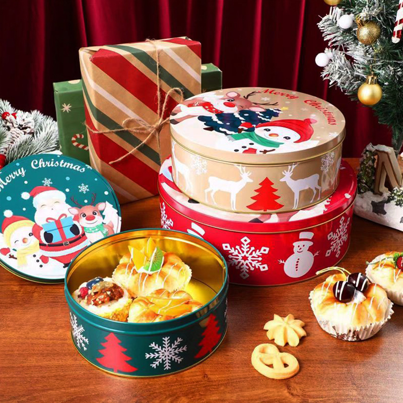 Vánoční dárková krabička Třídílná kulatá krabička Balení cookie Box vánoční plechovka Výrobce vlastní cínové box