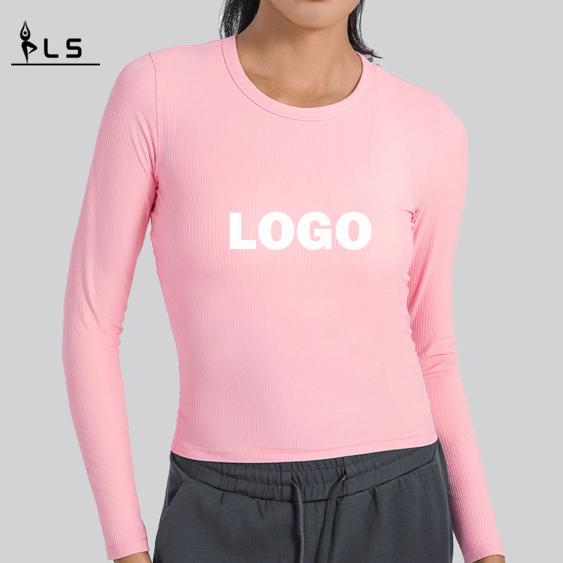 SC10271 Prodyšná jóga Crop Top Gym Fitness těsné tričko s dlouhým rukávem běžící trička s kulatým krkem