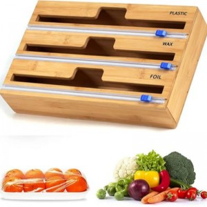 3 v 1 zabalení dávkovač s řezačkou, plastovým obalem, hliníkovým fólií a voskovým papírem pro kuchyňskou zásuvku, držák organizátoru bambusového role, kompatibilní s 12 \\\\ \\\