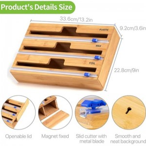 3 v 1 zabalení dávkovač s řezačkou, plastovým obalem, hliníkovým fólií a voskovým papírem pro kuchyňskou zásuvku, držák organizátoru bambusového role, kompatibilní s 12 \\\\ \\\