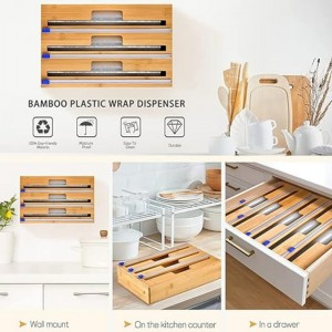3 v 1 zabalení dávkovač s řezačkou, plastovým obalem, hliníkovým fólií a voskovým papírem pro kuchyňskou zásuvku, držák organizátoru bambusového role, kompatibilní s 12 \\\\ \\\