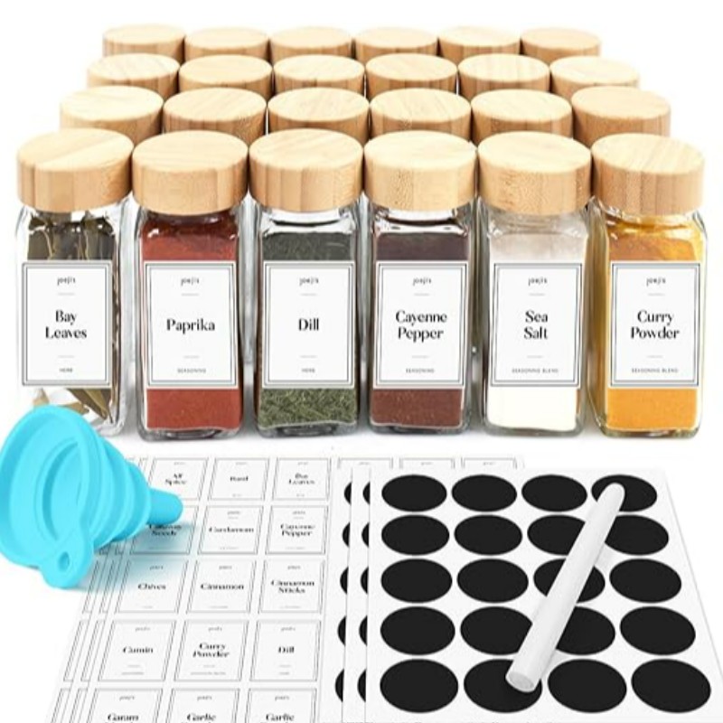 Spice Jars s víky a štítky - 24 kusů 120 ml skleněnénádoby - bambusové víko - Ultimate kuchyňské úložné řešení pro koření a byliny