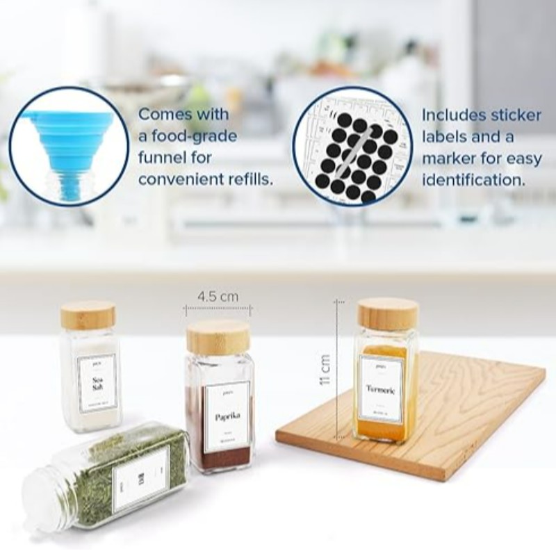 Spice Jars s víky a štítky - 24 kusů 120 ml skleněnénádoby - bambusové víko - Ultimate kuchyňské úložné řešení pro koření a byliny