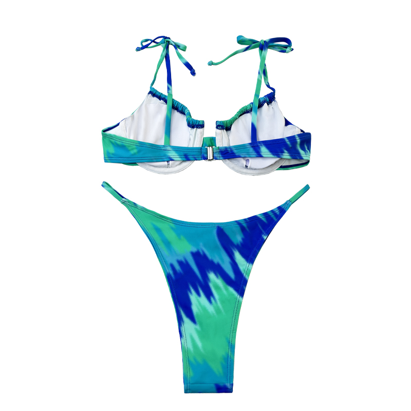 Šněrovaná ohlávka kulatá šálek roztomilý tyrkysový tisk Split Swimsuit