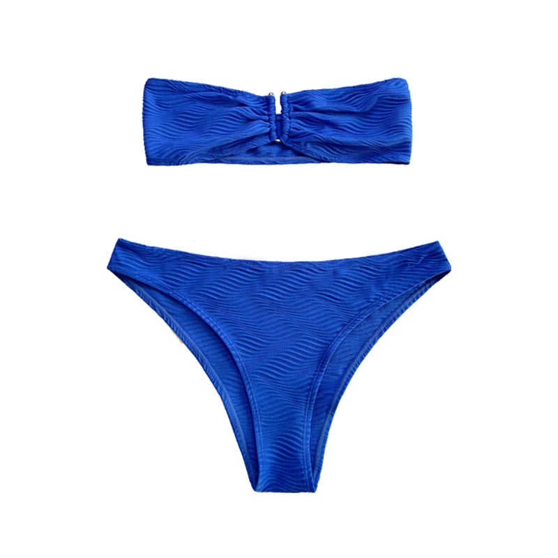 Modrý vzorec Speciální tkanina bez ramínek Top U-Button Split Swimsuit