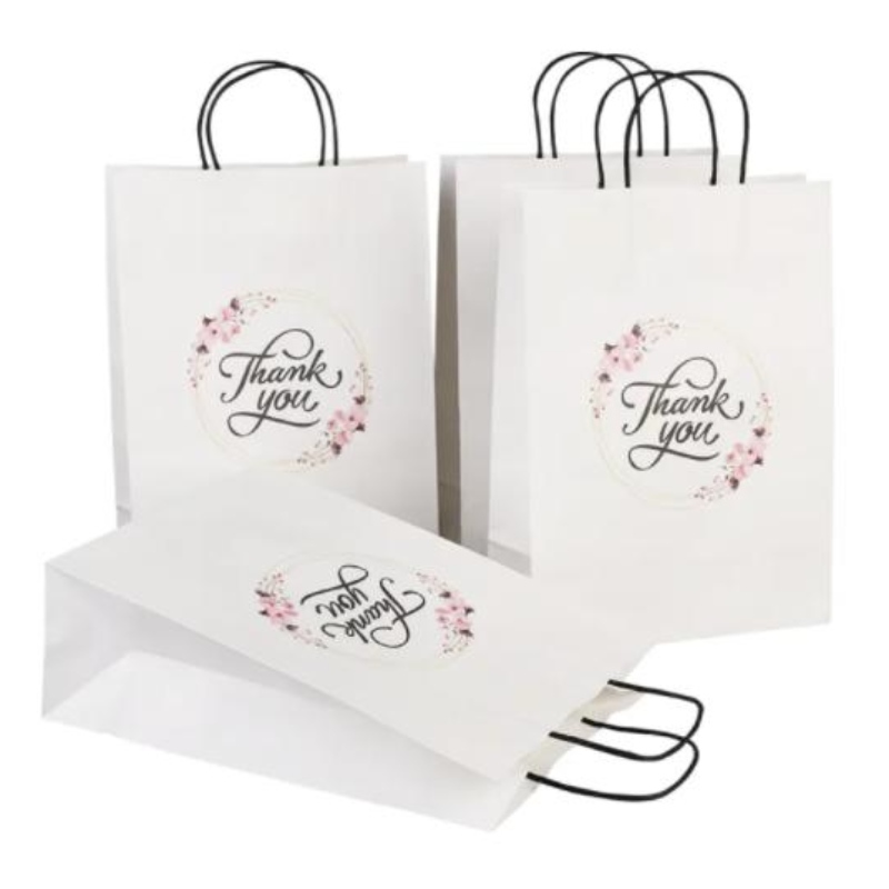 Velkoobchod přizpůsobené velikosti tisk logo fantazie děkuji bílý kraft papírový taška Speciální den svatba Personalizovaná dárková taška s rukojetí