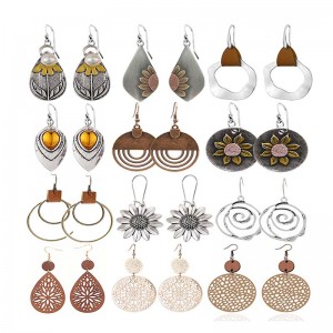 Hongde Boho Vintage Geometrické Kulaté Náušnice Dřevěné Kožené Náušnice Etnický Styl Vintage Slunečnicové Náušnice Vánoční Náušnice pro ženy