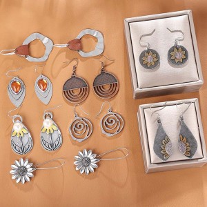 Hongde Boho Vintage Geometrické Kulaté Náušnice Dřevěné Kožené Náušnice Etnický Styl Vintage Slunečnicové Náušnice Vánoční Náušnice pro ženy