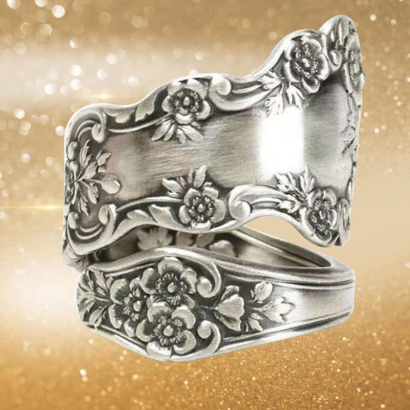 Hongde 925 Sterling Silver Oxidovaný kroužek se lžičkou Nastavitelný kroužek \„Jazyk vintage květin\