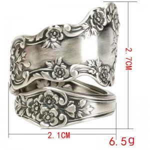 Hongde 925 Sterling Silver Oxidovaný kroužek se lžičkou Nastavitelný kroužek \\„Jazyk vintage květin\\\