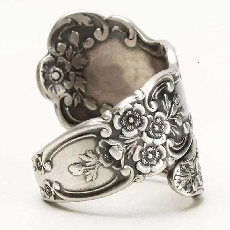 Hongde 925 Sterling Silver Oxidovaný kroužek se lžičkou Nastavitelný kroužek \„Jazyk vintage květin\