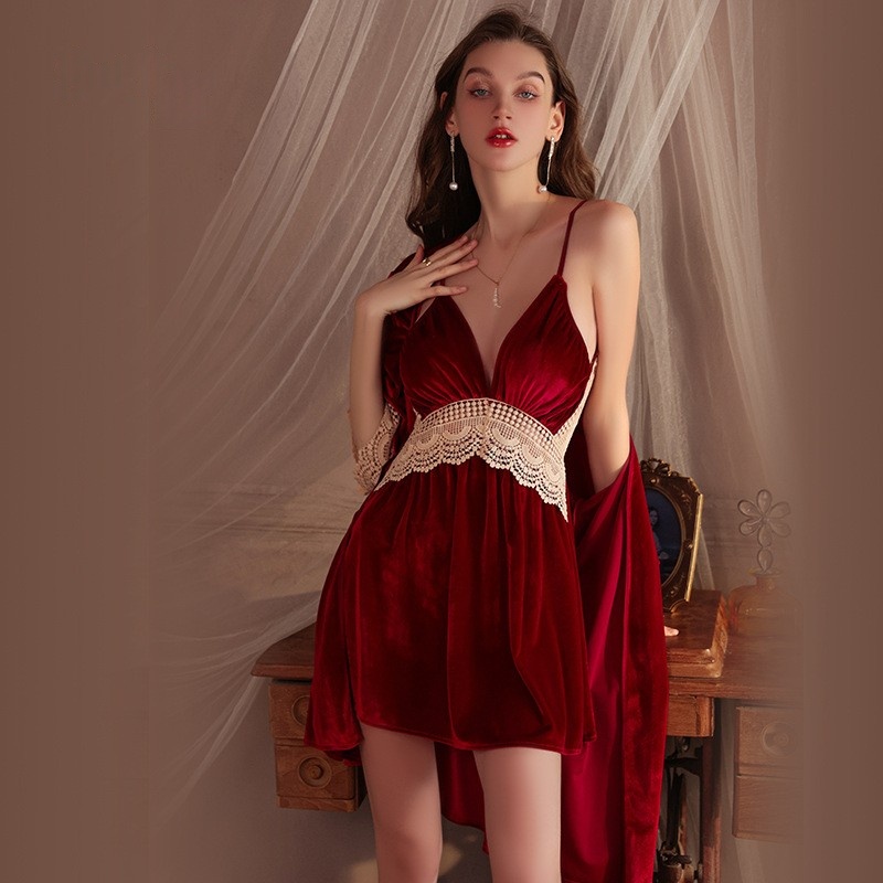 Nový styl podzimní a zimní samet a tyl bez backless, sexy Deep V-tvarovanánoční košile s postavenou-V podprsenkách a odpovídajícím vnějším rouchu, ideální pro domácí oblečení4054 Cena:$179,99