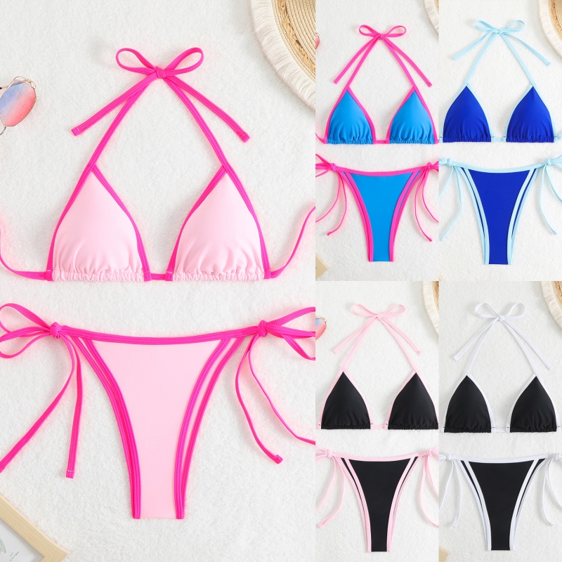2025 Nová pevná látka - barevné ženy\Je sexy dva - Barva trojúhelníku - Blokujte bikiny. Evropský a americký styl s vazbami, vhodný pro pláž a horký jaro QT25003 Cena:$79,99