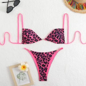 Sexy leopard tisk halter bikiny plavky pro ženy, vyzařující pocit luxusu. Vhodné pro pláž a horké prameny. Kříž-Položka pohraniční plavky QT25055 Cena:$79,99