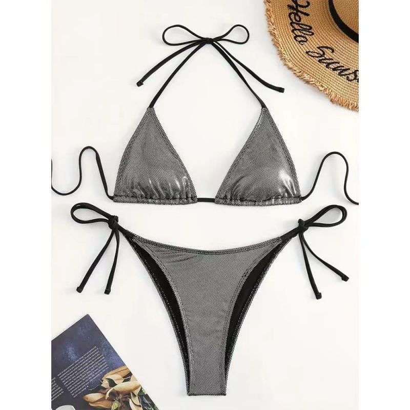 Nové 2025 Evropské a americké-Styl Solid-Color Lasked Sexy Two-kus plavky pro ženy. Tři-kus plážových bikin v kovové barvě 8865 Cena:$79,99
