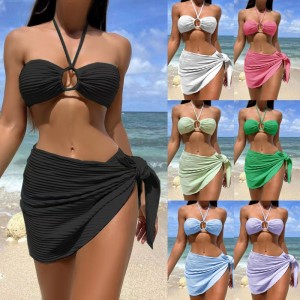 Sexy bikiny plavky tři-kus sada s čirou sukní, ohlávka-Styl krku, plné barvy plavky pro ženy, dostupnéna skladě a více barev SY816 Cena:$79,99