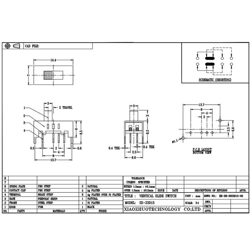 Spínač SS23D15 Spínač s posuvnou hračkou