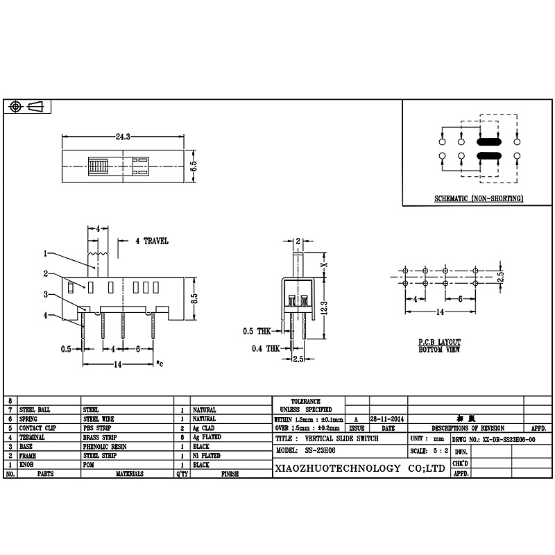 Slide Switch SS23H06, dvojnásobek-Řádek 8-PIN Vertikální posuvný spínač, svislý posuvný spínač pro elektrickou přikrývku elektrický ohřívač