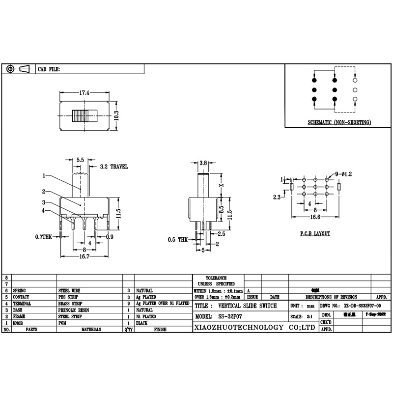 Slide Switch SS32F07 dva-Položení posuvného spínače, tři-cesta dál-mimo stranu-Pozice dva-Pozice Micro Mini Electronic Switch